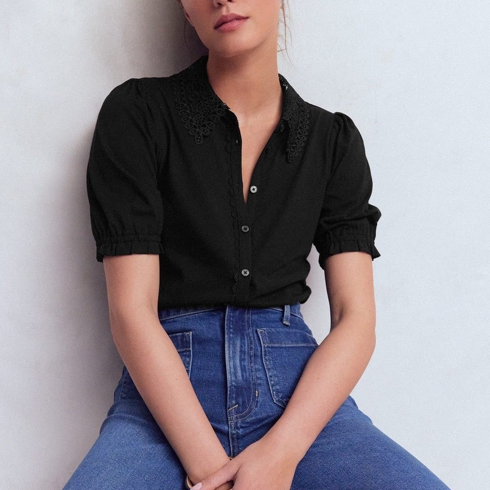 Boden Nessa Broderie Collar Blouse Top Womens 12 Black